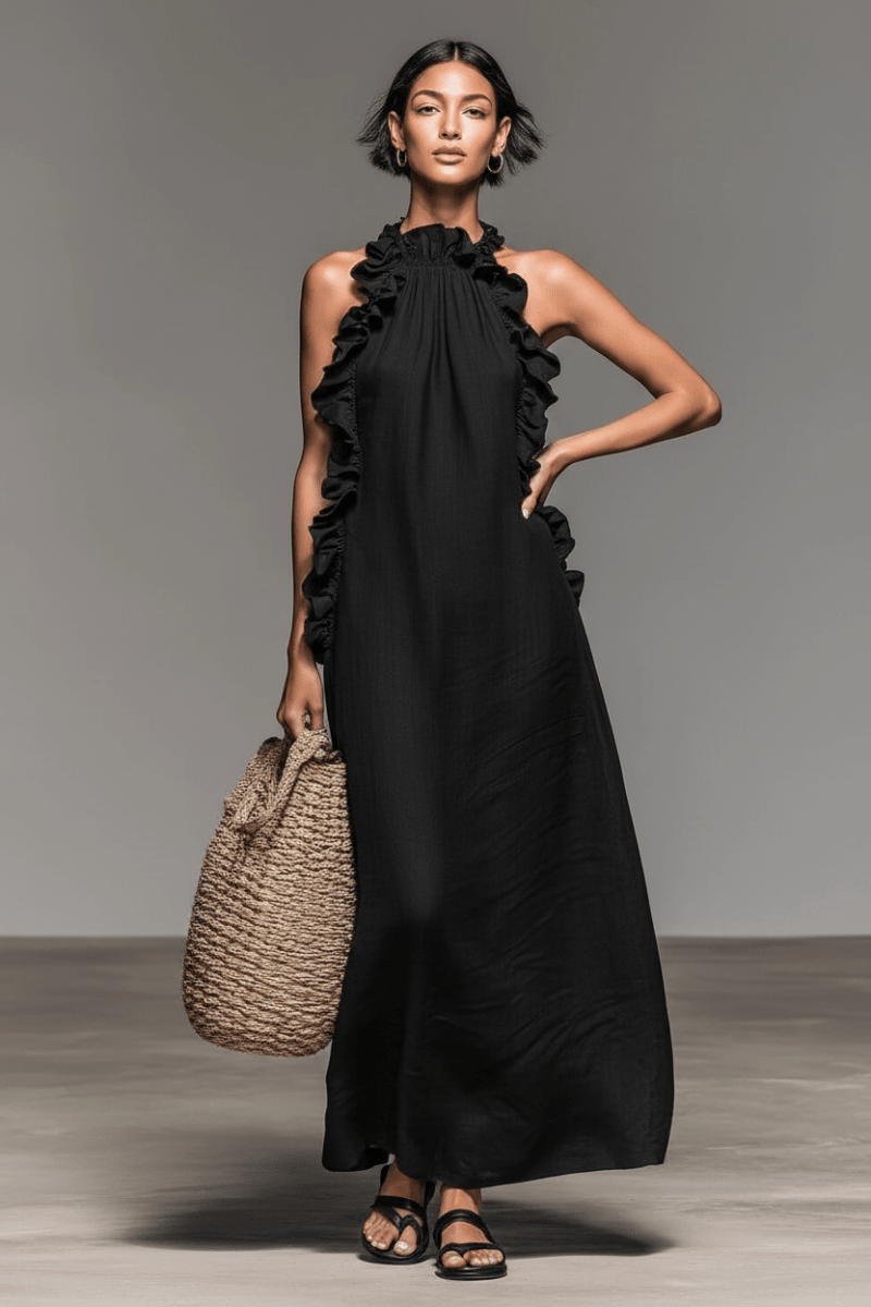 Ice Silk Ruffled Halter Maxi Dress in Black – Resort - @BlackWhite