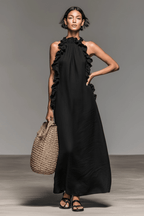 Ice Silk Ruffled Halter Maxi Dress in Black – Resort - @BlackWhite