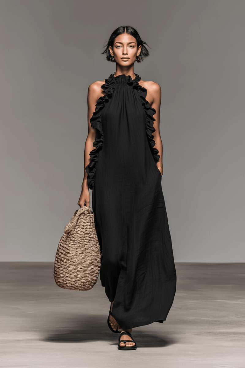 Ice Silk Ruffled Halter Maxi Dress in Black – Resort - @BlackWhite