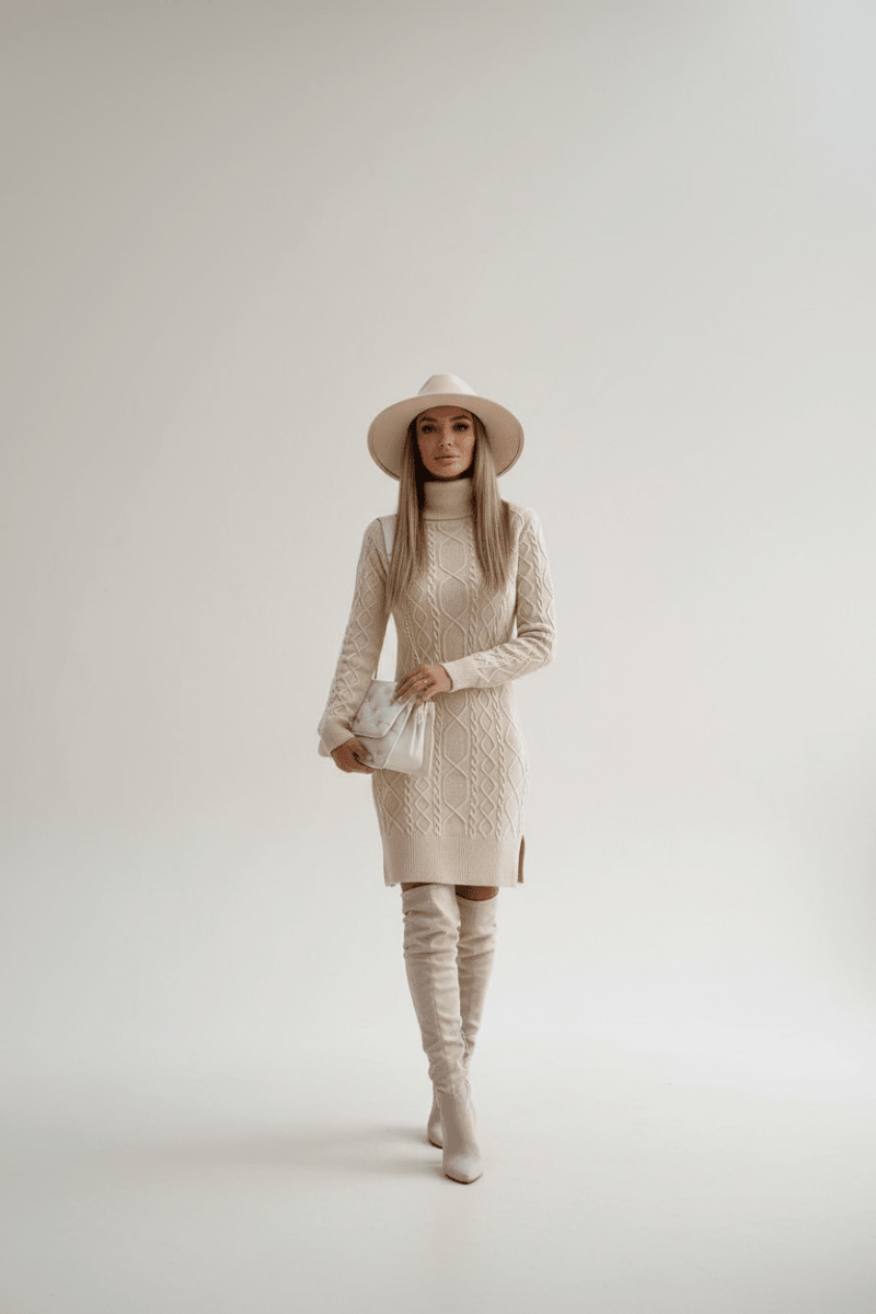 Knitted Turtleneck Slit Dress – Black & Beige - @BlackWhite