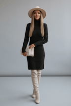 Knitted Turtleneck Slit Dress – Black & Beige - @BlackWhite