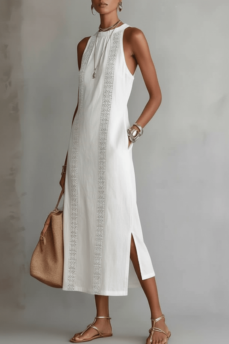 Lace Patchwork Halter Neck Maxi Dress – Black & White - @BlackWhite