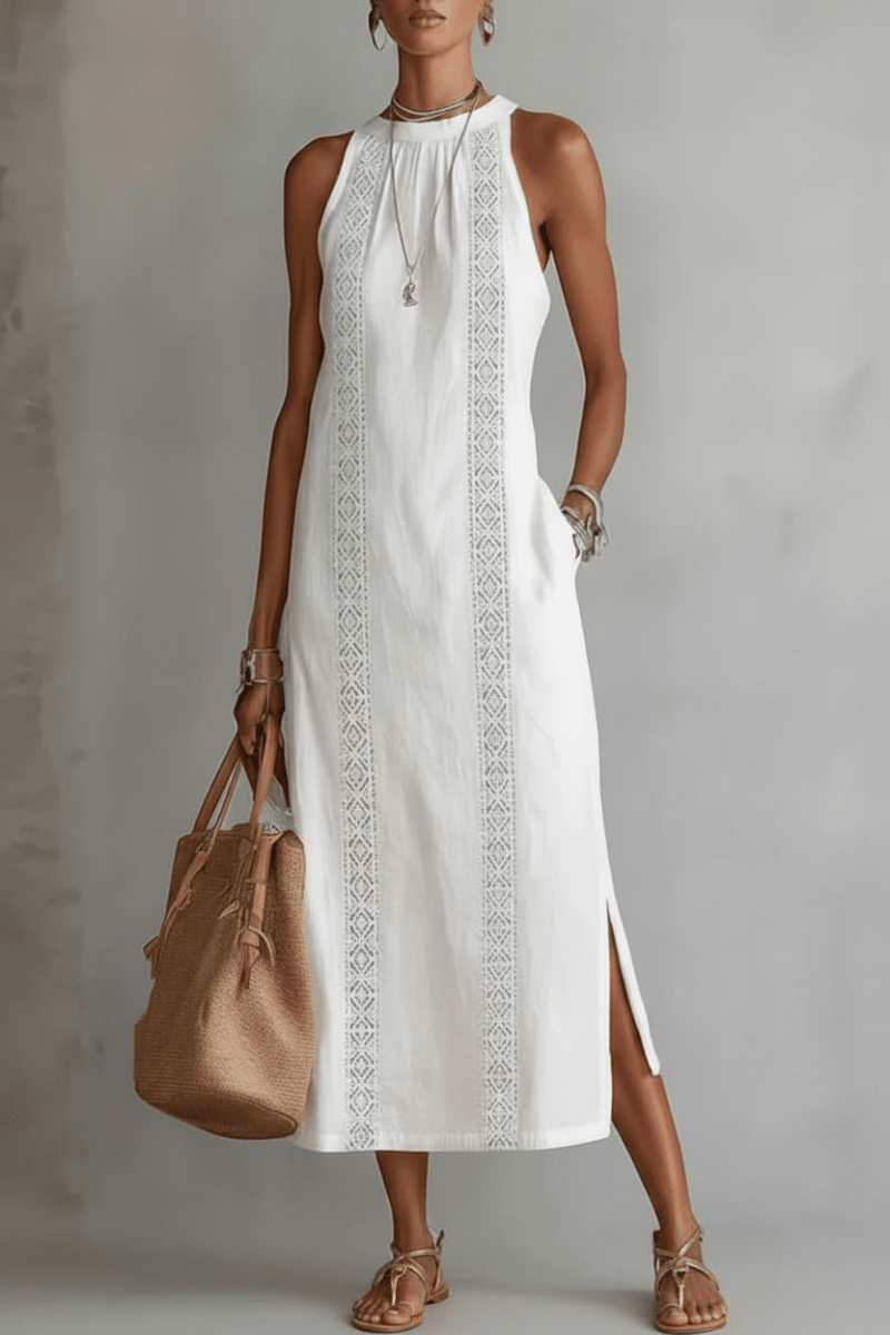 Lace Patchwork Halter Neck Maxi Dress – Black & White - @BlackWhite