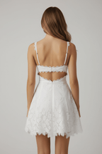 Lace-Trimmed Backless Strap Mini Dress in White - @BlackWhite