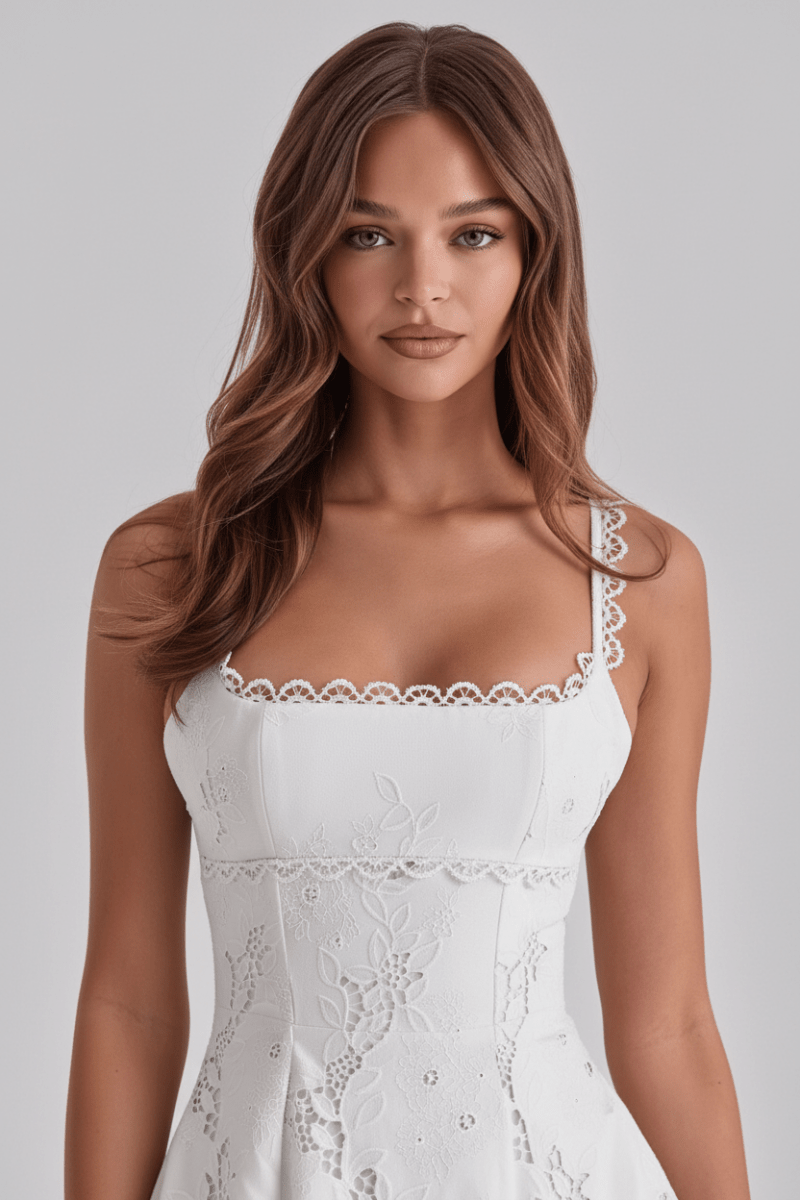 Lace-Trimmed Backless Strap Mini Dress in White - @BlackWhite