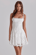 Lace-Trimmed Backless Strap Mini Dress in White - @BlackWhite
