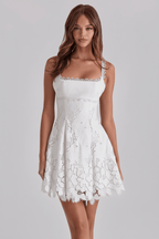 Lace-Trimmed Backless Strap Mini Dress in White - @BlackWhite