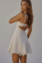 Lace-Trimmed Backless Strap Mini Dress in White - @BlackWhite