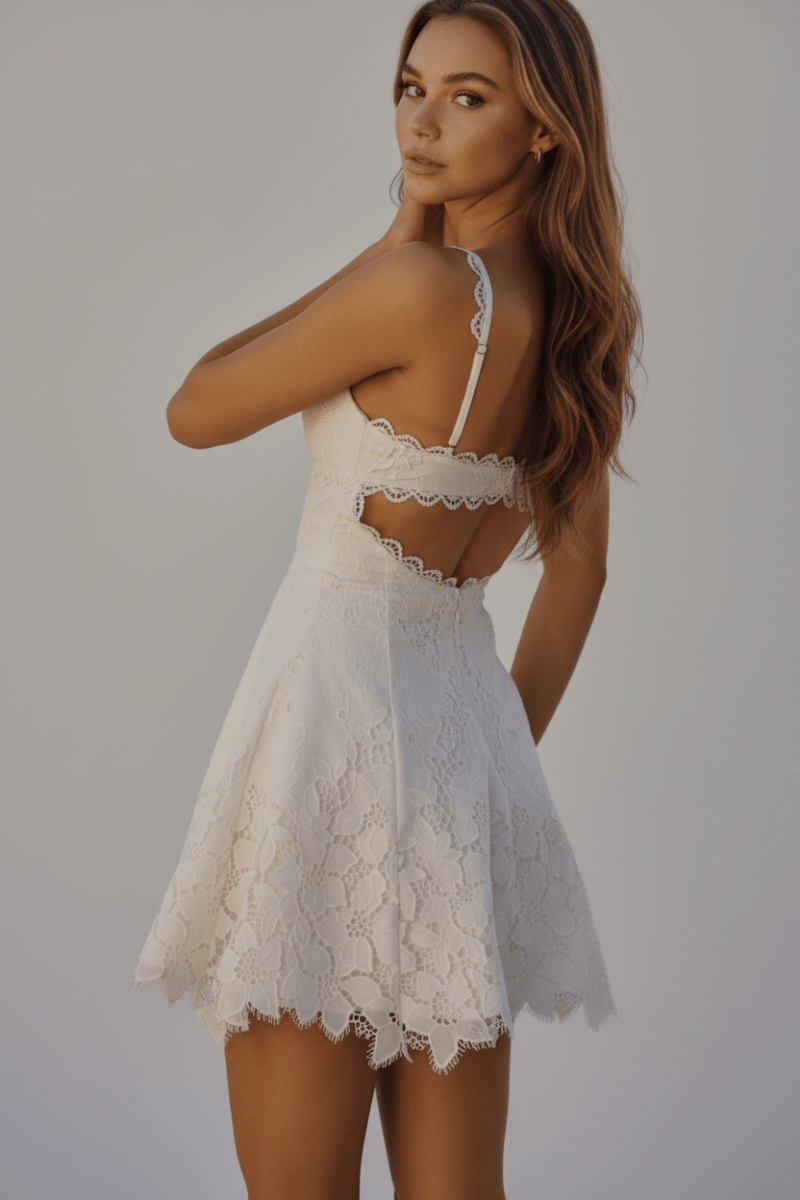 Lace-Trimmed Backless Strap Mini Dress in White - @BlackWhite
