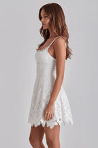 Lace-Trimmed Backless Strap Mini Dress in White - @BlackWhite