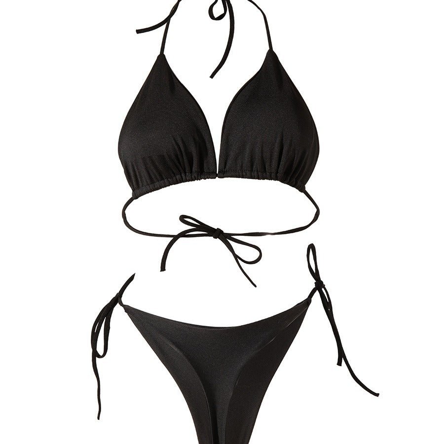 Lace-Up Bikini Set with Chest Pad – T-Back Swimsuit - @BlackWhite