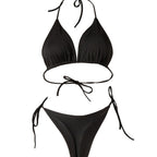 Lace-Up Bikini Set with Chest Pad – T-Back Swimsuit - @BlackWhite