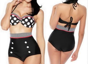 Back view of the red high-waist swimsuit with checkered pattern and bow tie detail.