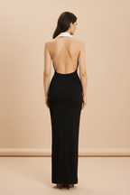 Lapel Backless Slit Dress – Sleek Evening Gown - @BlackWhite