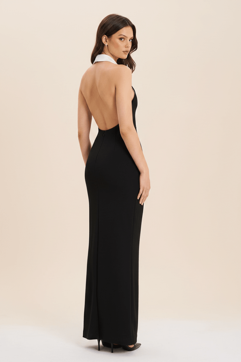 Lapel Backless Slit Dress – Sleek Evening Gown - @BlackWhite