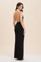 Lapel Backless Slit Dress – Sleek Evening Gown - @BlackWhite