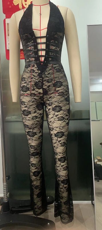 Front view of a black lace jumpsuit emphasizing its see-through design and deep V-neck.