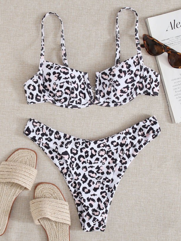 Detail view of Leopard Print Split Bikini, emphasizing structured underwire and chic ruffled top.