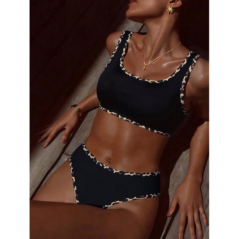 Lifestyle shot of the leopard print two-piece swimsuit with ruffled edges and adjustable straps.