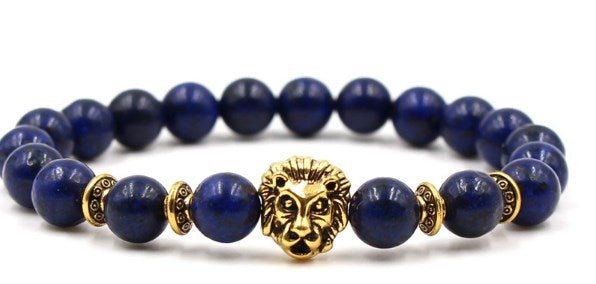 Detail close-up of the blue stone bracelet featuring a lion charm, stylish beaded design.