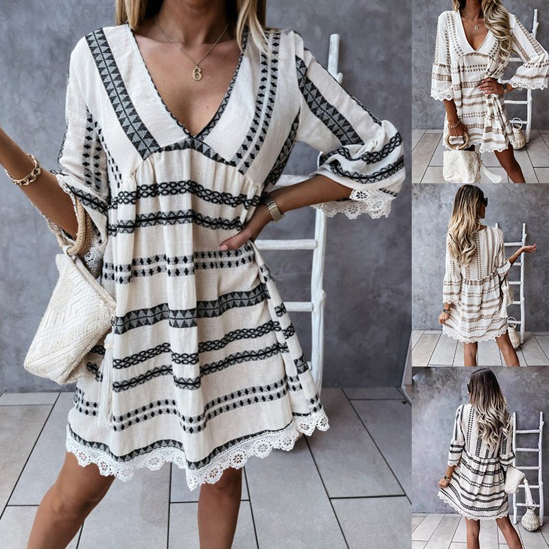 Chic long sleeve dress in black and white geometric print, lifestyle shot highlighting loose fit and elegant style.