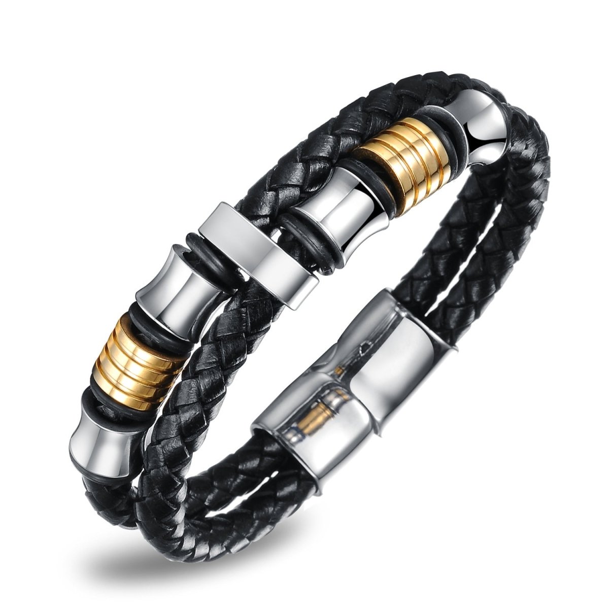 Detail close-up of the black leather bracelet with a woven texture and magnetic buckle.