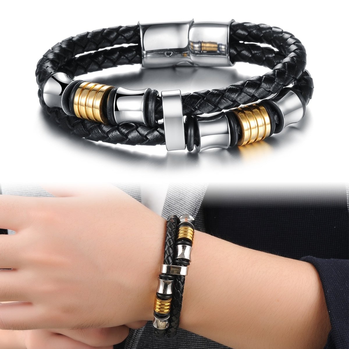 Lifestyle shot of the black leather hand chain worn on the wrist, showcasing its chic geometric design.