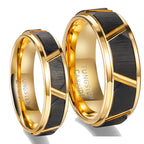 Detail view of the black tungsten gold ring with an angled design and shiny surface.
