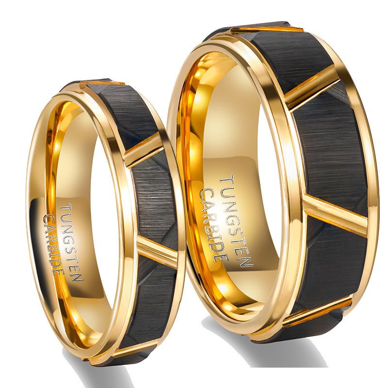 Detail view of the black tungsten gold ring with an angled design and shiny surface.