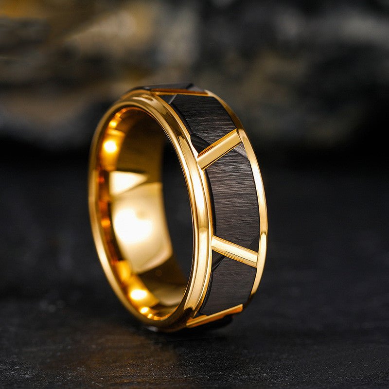 Close-up detail of the black tungsten gold ring, showcasing shiny finish and gold accents.
