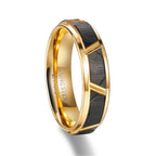 Detail view of the black tungsten gold ring featuring a geometric design and textured surface.