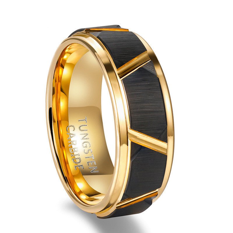 Detail view of the black tungsten gold ring in a matching set, featuring gold accents.