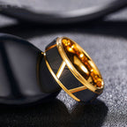 Close-up of the black tungsten gold ring with rounded edges, highlighting smooth finish.