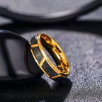 Side view of the black tungsten gold ring, showcasing its textured surface and geometric design.