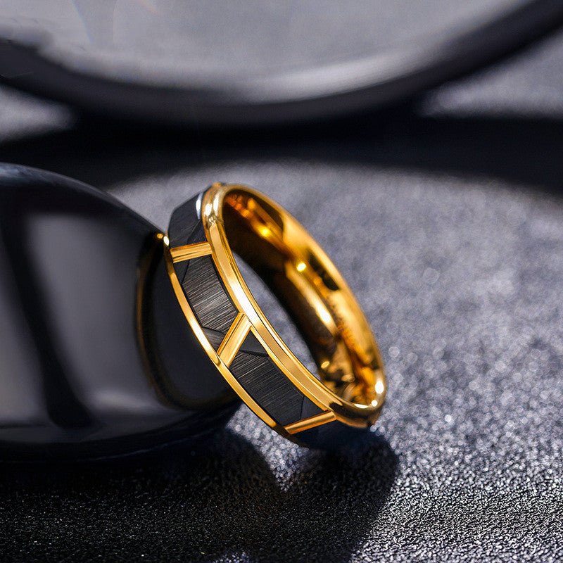 Side view of the black tungsten gold ring, showcasing its textured surface and geometric design.