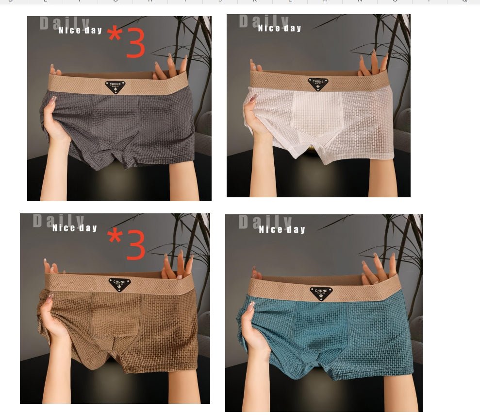 Other shot of men's boxer briefs in various colors, showcasing ice silk fabric and comfortable fit.