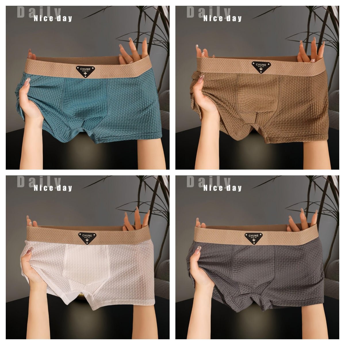 Lifestyle view of men's ice silk boxer briefs in black and white, emphasizing soft fabric and seamless construction.