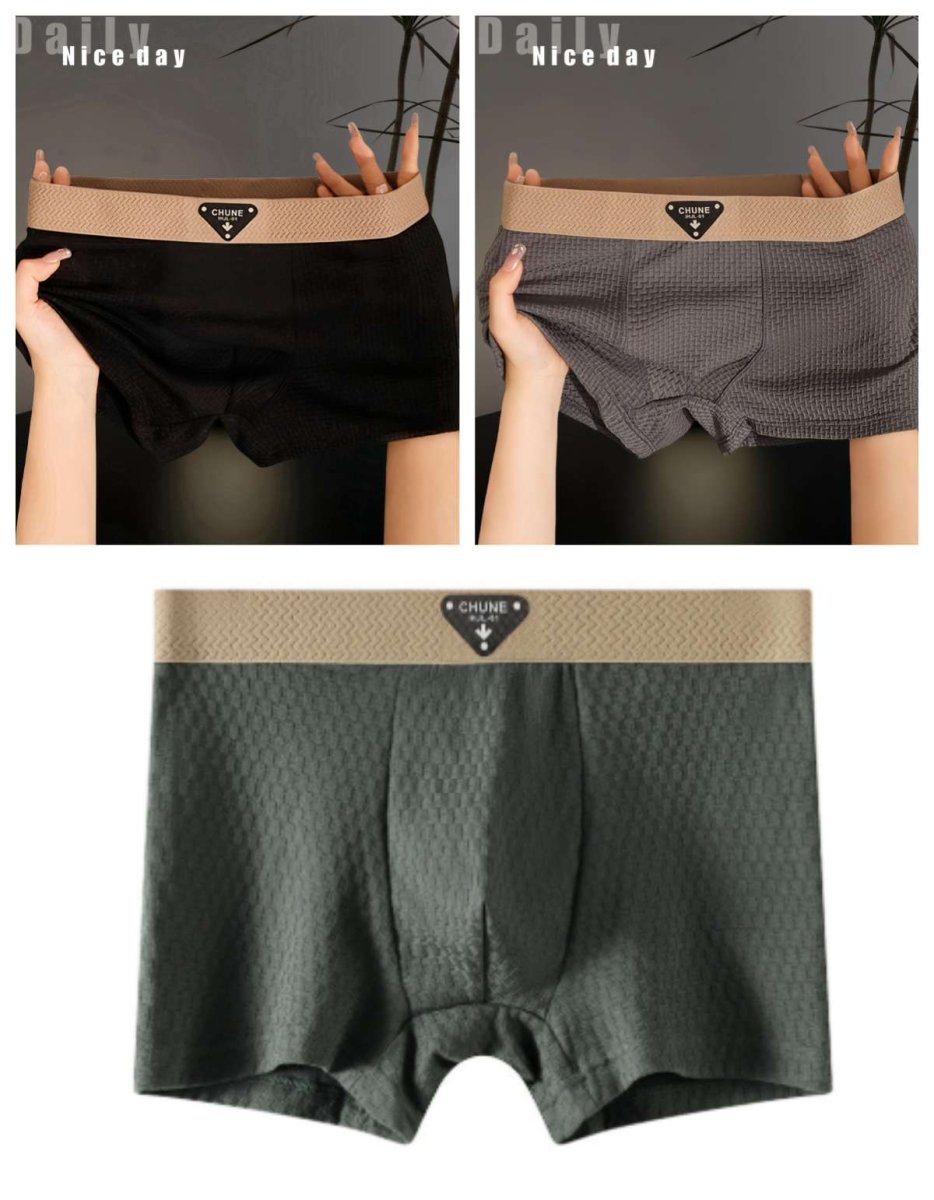 Lifestyle shot of black ice silk boxer briefs, showcasing soft fabric and elastic waistband