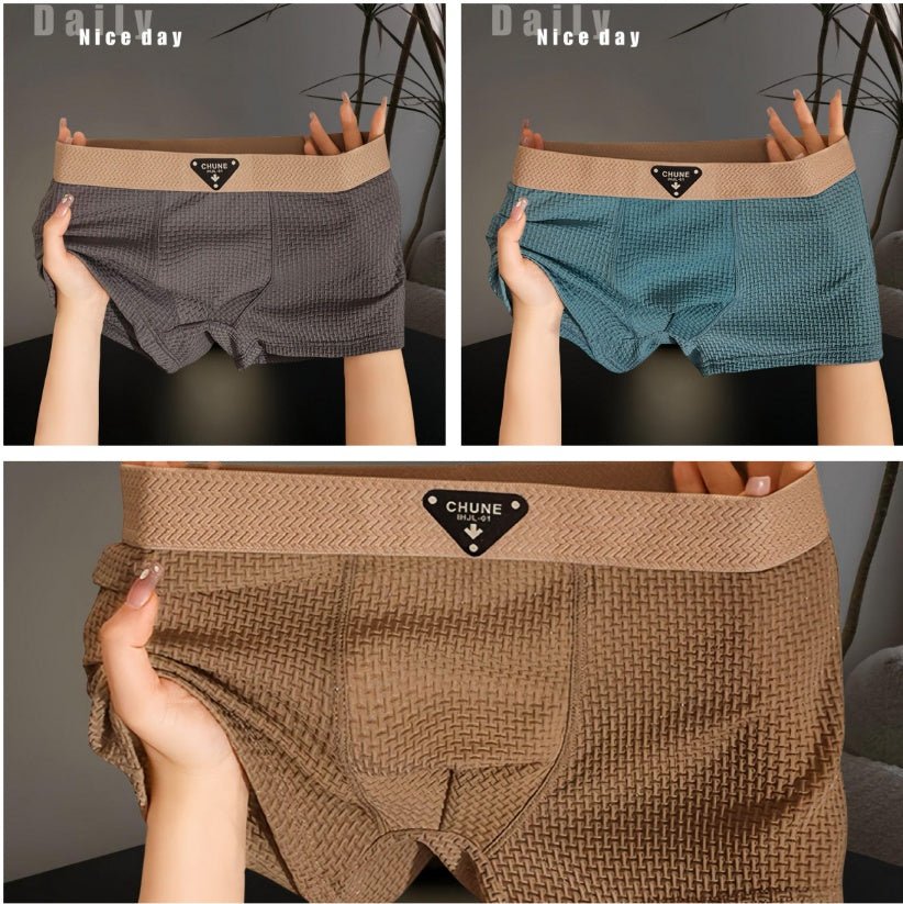 Lifestyle shot of men's ice silk boxer briefs in black and brown, featuring soft fabric and stylish look.