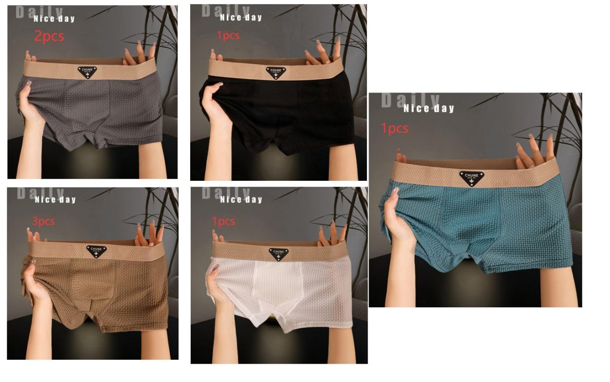 Lifestyle shot of men's ice silk boxer briefs in black and gray, highlighting sport design and comfortable fit.