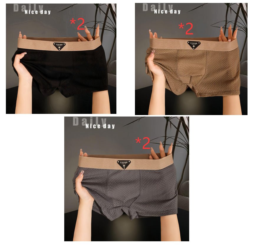 Lifestyle shot of boxer briefs in black, brown, and gray, highlighting ice silk fabric and sport design
