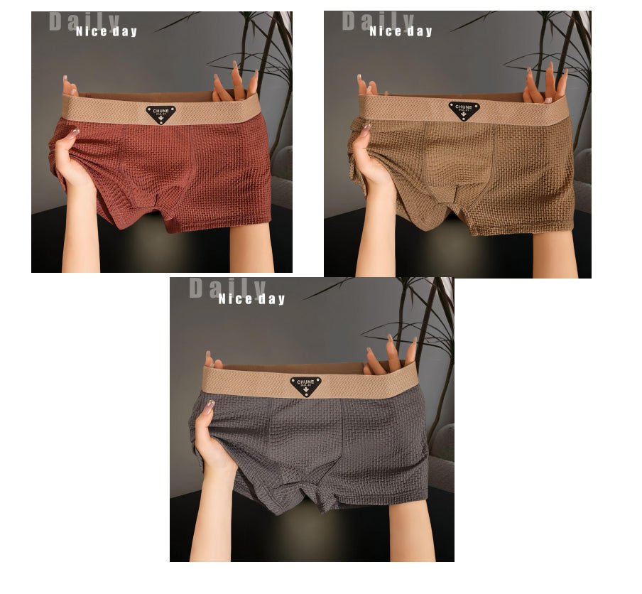 Lifestyle view of men's ice silk boxer briefs in blue and black, highlighting soft material and chic design.