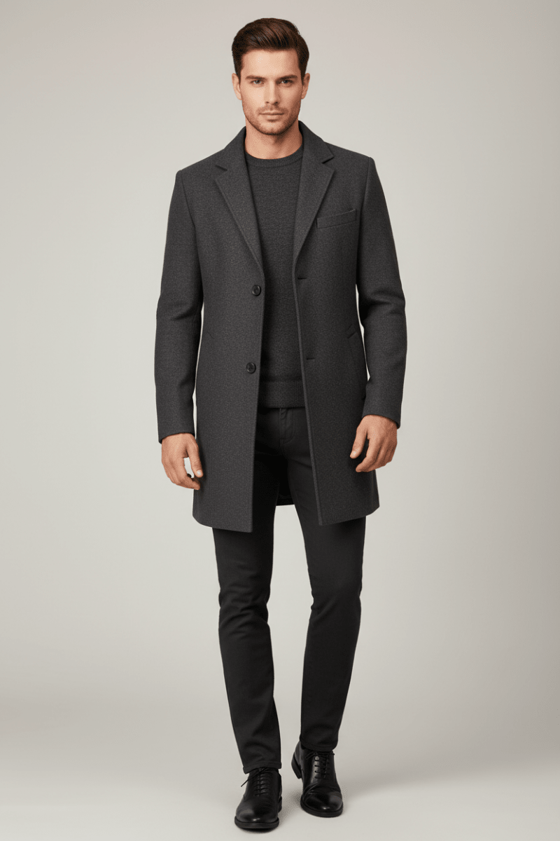 Men's Solid Colour Wool-Blend Coat – Smart Casual Style - @BlackWhite