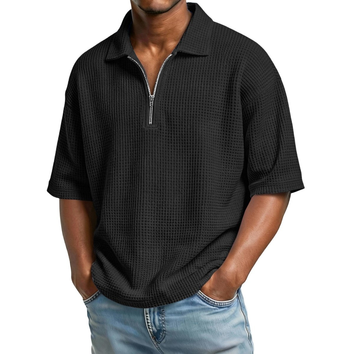 Front view of the black short-sleeved polo shirt with lapel collar, stylish waffle weave for chic summer outfits.