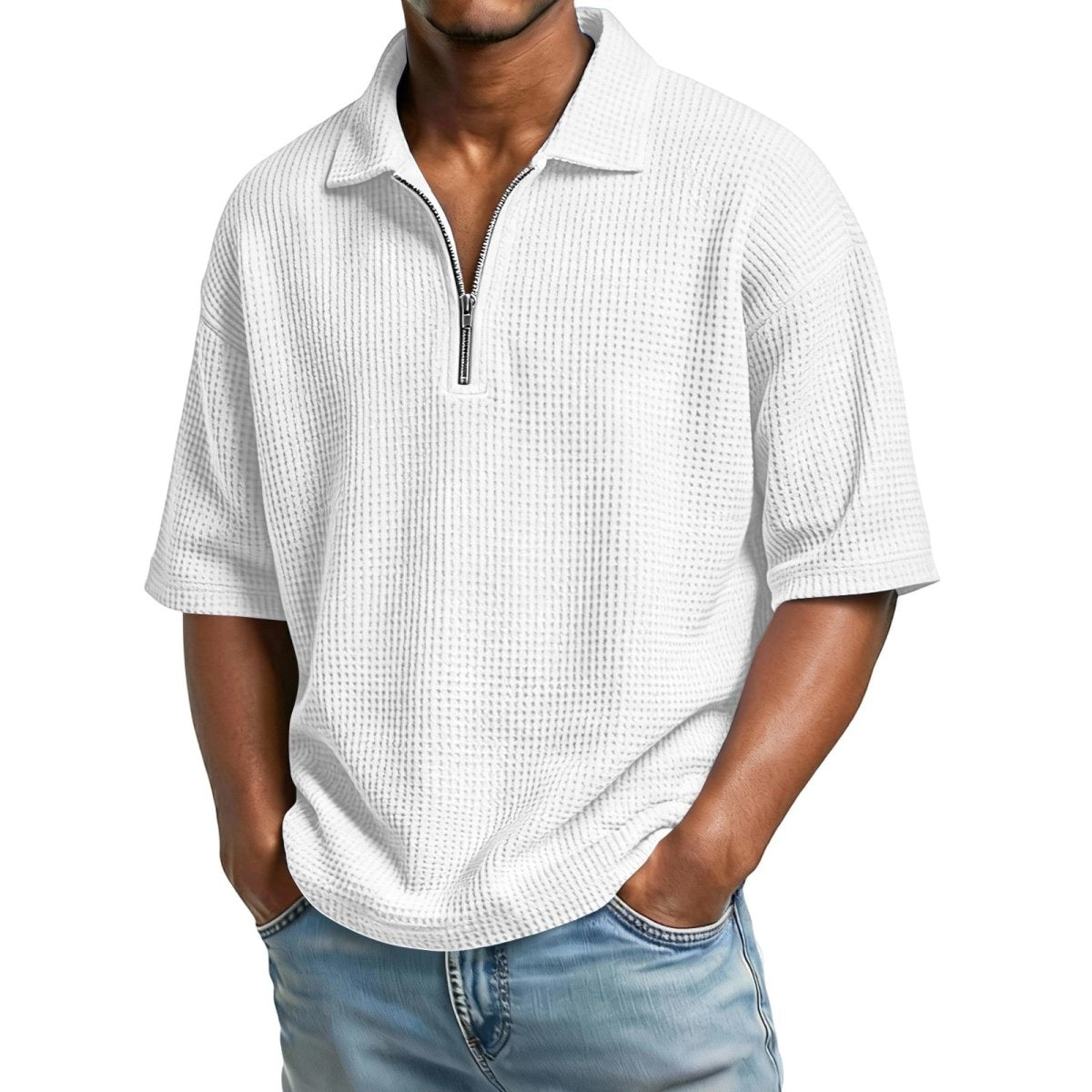 Front view of the white short-sleeved polo shirt with lapel collar, elegant waffle weave for minimalist fashion.