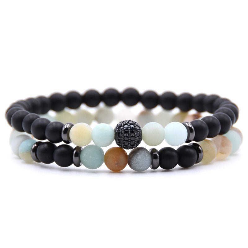 Detail close-up of multicolor stone bracelet with natural stones and micro-inlaid zircon.