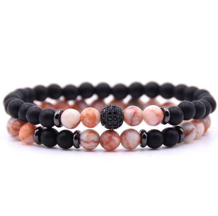 Detail close-up of multicolor natural stone beaded bracelet with micro-inlaid zircon, chic accessory for elegant outfits.