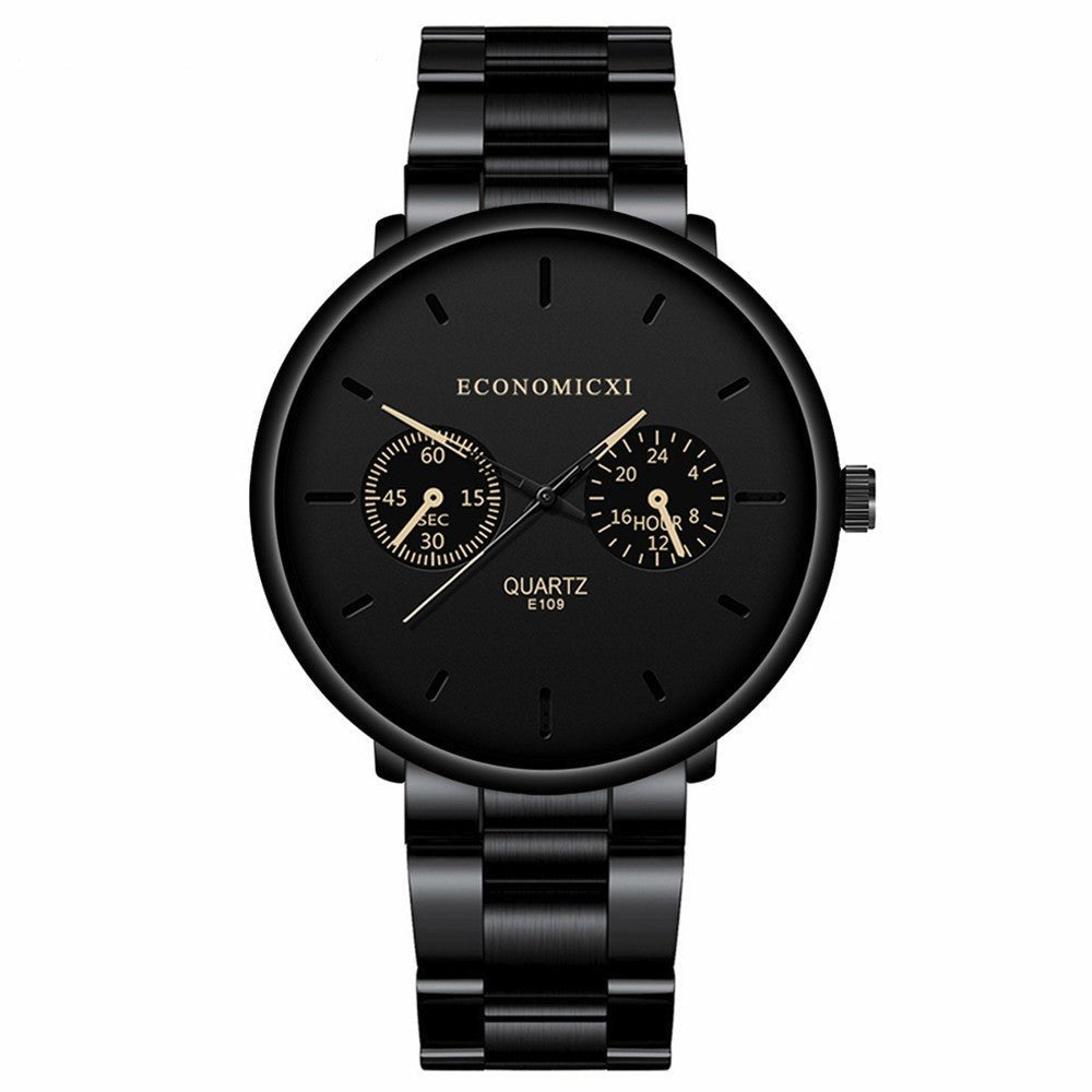 Detail close-up of the black multifunctional watch showcasing its steel strap and quartz movement.