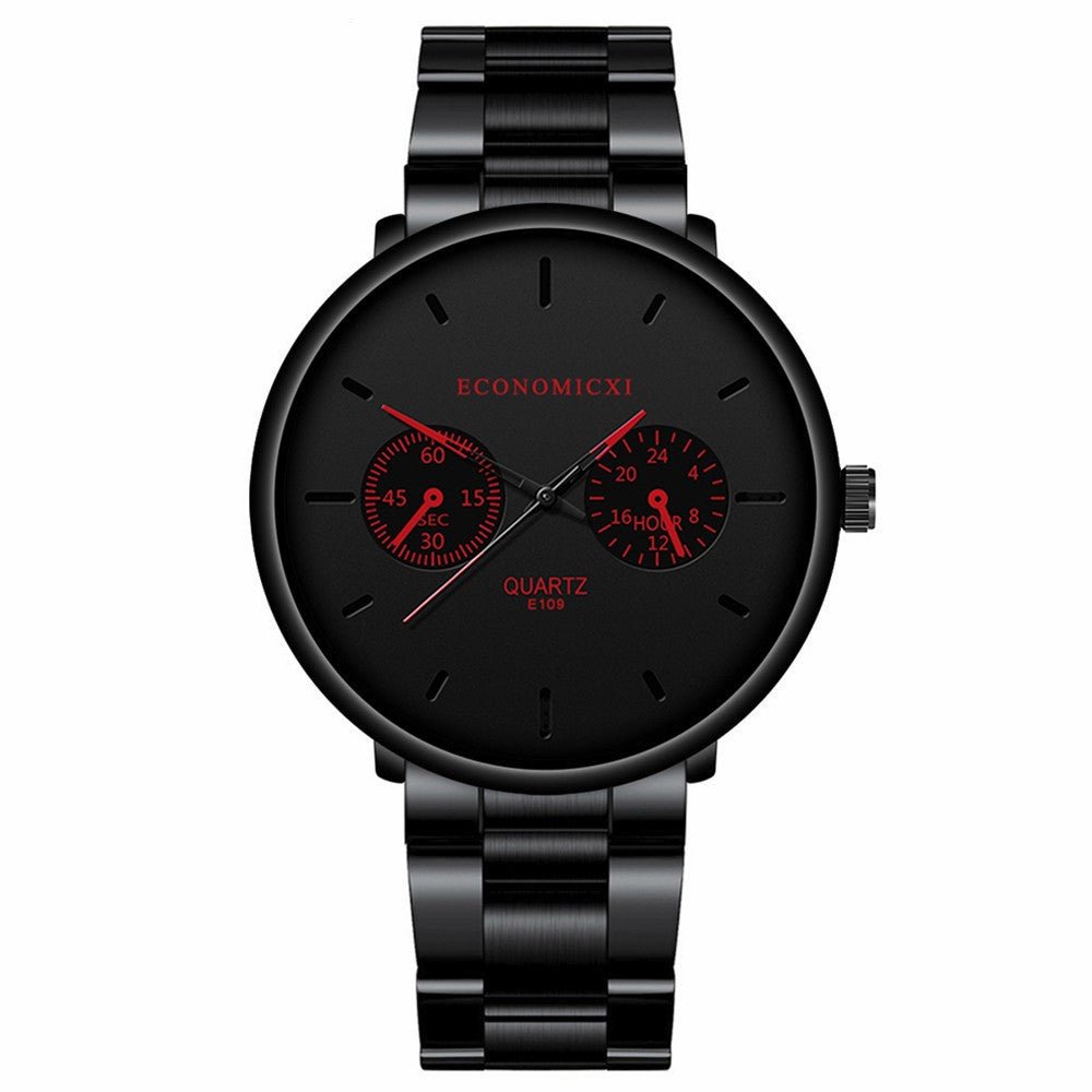 Detail close-up of the black multifunctional watch with bold design, emphasizing its stylish features.