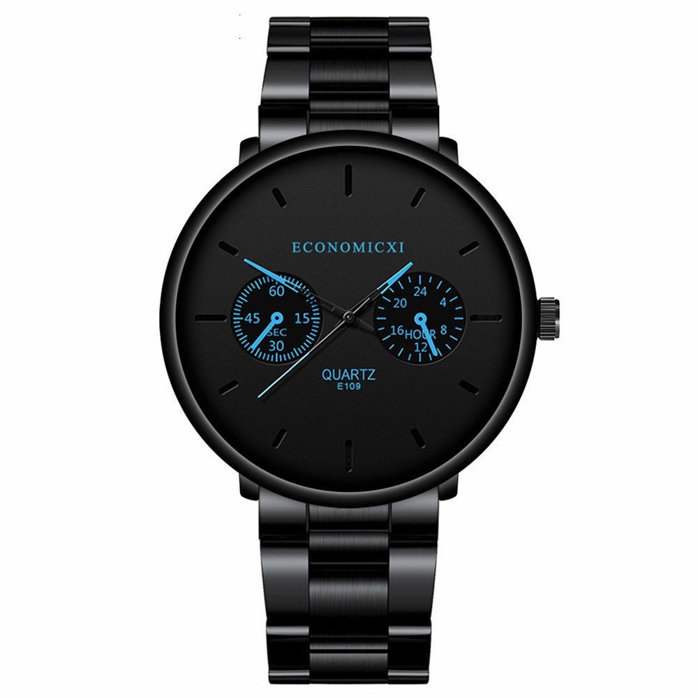 Front view of the black multifunctional watch with steel strap, stylish and practical for daily wear.